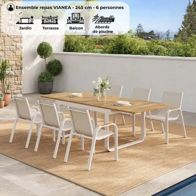 Produktbild von VIANEA Outdoor-Gartenset für 6: Ausziehtisch 155–245 cm + 6 Aluminium-Textilene-Stühle, wetterfest, modern