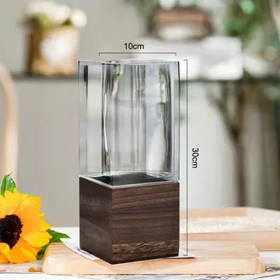 Immagine prodotto di MAADES vaso di fiori in vetro e legno quadrato 30cm grande vaso di vetro grigio come decorazione da tavolo decorazione di nozze