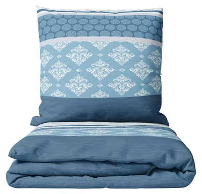 Produktbild von Biber Bettwäsche Set 155x220 cm Blau Weiß Gestreift Ornamente mit Reißverschluss Winter