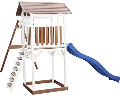Obrázok produktu pre AXI Beach Tower drevená hracia veža v hnedej a bielej farbe | Domček na hranie pre deti s modrou šmykľavkou, dvojitou hojdačkou a pieskoviskom | Domček na kolíkach na pláž