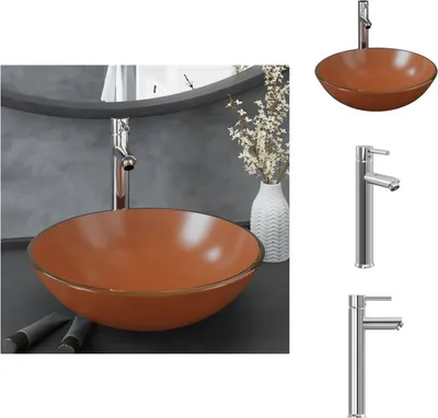 Produktbild von vidaXL Badezimmer Waschbecken mit Wasserhahn und Ablaufgarnitur Braun Gehärtetes Glas - Badezimmer-Waschbecken