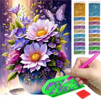 Produktbild von ARTULIO - Diamond Painting Set - Blumenstrauß in Vase mit Schmetterling - 40 × 30 cm - Eckige quadratische Steine, Square Diamond - Komplettset Mosaik + Zubehör