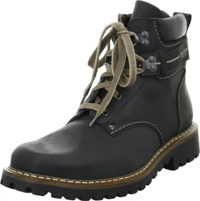 A black leather boot with laces.