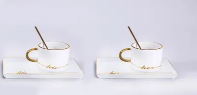 Produktbild von Kaffeetassen mit unterteller und löffel 6 lt.g für 2 personen in weiss/gold oder schwarz/gold