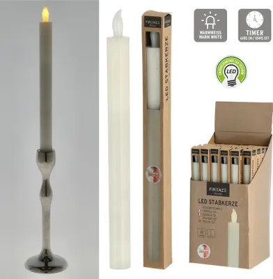 A collage of images showing an LED taper candle in a candlestick, a single LED taper candle, a packaged LED taper candle, and a box of LED taper candles.