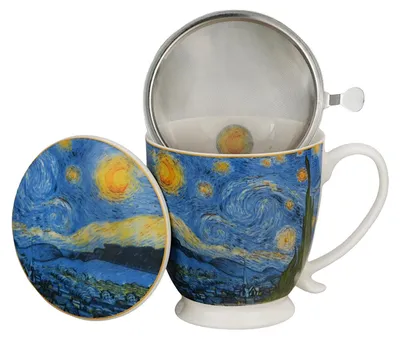 Produktbild von DUO ART GALLERY Becher 510 ml mit Fuß und Teesieb STARRY NIGHT inspired by Van Gogh, New Bone China Porzellan