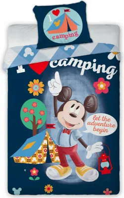 Mickey Mouse themed bedding with camping graphics.