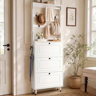 Image de Armoire de rangement - Rangement à chaussures - Gain de place - 3 portes pliantes - Crochets pour vêtements - Rangement à chaussures - Blanc