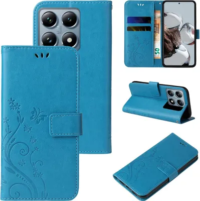 Produktbild von Handyhülle für Xiaomi 14T Pro Floral Blumen Schmetterling Flip Cover Hülle Case Klapphülle Handytasche Farbe: Blau