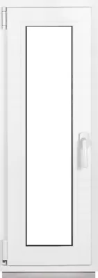 A white, narrow window with a clear glass pane and a white handle.