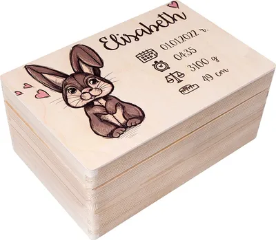 Produktbild von Creative Deco Erinnerungsbox Baby Holzkiste Personalisiert | 30 x 20 x 14 cm (+/-1cm) | Hase Motiv für Geburt & Taufe | Geschenk Spielzeugkiste Holzbox mit Deckel Gravur | Groß Natur Kasten