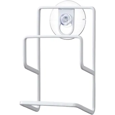 A white wire rack with a suction cup for hanging.