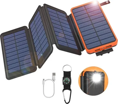 Productafbeelding van Draagbare 10000mAh zonne-energie powerbank met 4 opvouwbare zonnepanelen. Powerbank voor opladen buitenshuis