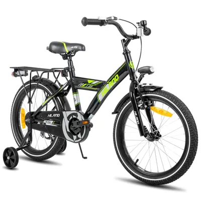 Produktbild von HILAND Rocket 18 Zoll Kinderfahrrad Mountainbike mit Gepäckträger Stützrädern, Kinder MTB für Jungen und Mädchen ab 5 6 7 8 9 Jahren, Schwarz