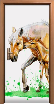 Produktbild von Türposter 90x200 cm Türaufkleber Türtapete Türfolie Klebefolie Aquarellpferd mit Fohlen auf Gras