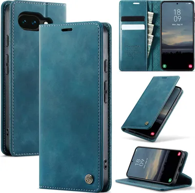 Image de Étui en cuir pour Google Pixel 10A, protection RFID, fermeture magnétique, compartiments pour cartes et fonction support Bleu