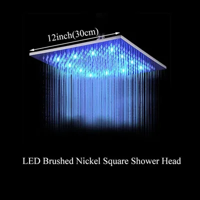 Obrázek produktu pro LED sprchová hlavice – čtvercová stropní sprcha o rozměrech 30 cm, vyrobená z mosazi – LED osvětlení napájené vodou, měnící barvy – stálý proud vody – nikl