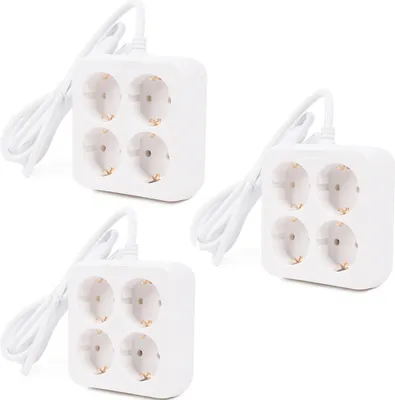 Three white power strips with four sockets each, arranged in a grid, are shown against a white background.