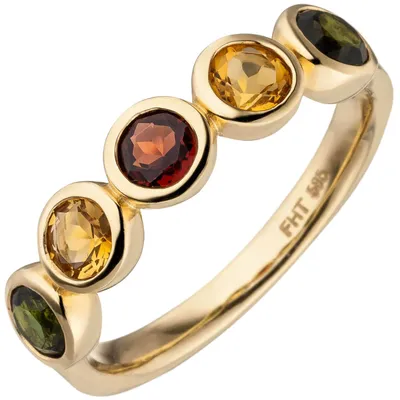 Produktbild von Ring aus 585 Gold Gelbgold mit Edelsteinen Citrin Granat Turmalin multicolor Innenumfang 60mm Ø19.1mm
