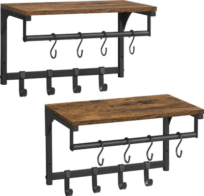 Two identical wall-mounted shelves with coat hooks are shown against a white background.