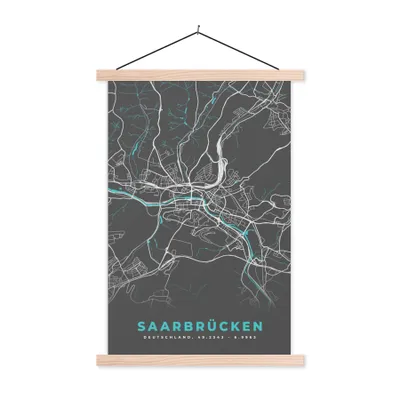 Produktbild von MuchoWow® Textilposter Deutschland - Blau - Saarbrücken - Stadtplan - Karte 120x180 cm mit holzfarbenen Rahmen - Textil-Plakat
