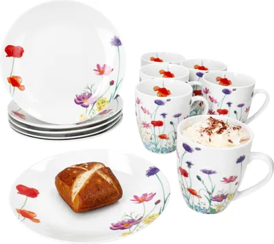 Produktbild von 12tlg Frühstücksset Marie Porzellan 6 Pers Teller Kaffeebecher Blumen