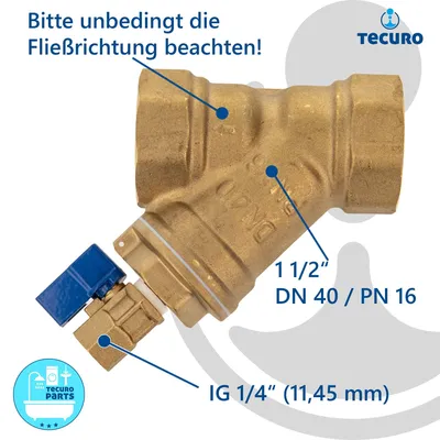 Produktbild von tecuro Schrägsitz-Schmutzfänger G 1 1/2 Zoll (DN 40) mit Entleerungsventil, Edelstahlsieb 0,5 mm Maschenweite, Messing