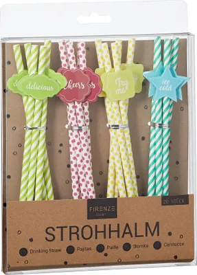 Produktbild von 20 Strohhalme Papierstrohhalme Trinkhalme Papier 4 Farben mit Schild 19,5 cm
