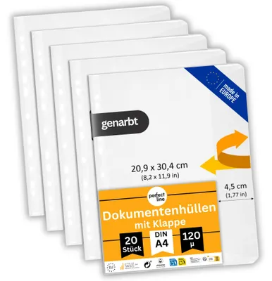Produktbild von perfect line 20 Prospekthüllen A4 mit Klappe genarbt PP 120 my seitlich offen