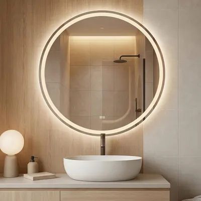 Produktbild von LED Badspiegel Rund 60 cm – Anti-Beschlag, 3 Lichtfarben (CCT), stufenlos dimmbar, Touch Sensor, IP44, rahmenlos moderner Badezimmerspiegel