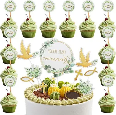 Produktbild von 21 Stück Taarttopper-Sets für Geburtstag, Taufe und Kommunion - Vogel, Fisch, Kreuz