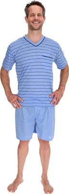 Produktbild von Pyjama Herren kurz Shirt+Hose Schlafanzug Schlafkleidung Nachtwäsche Nachtanzug, Größe:L, Farbe:Taubenblau