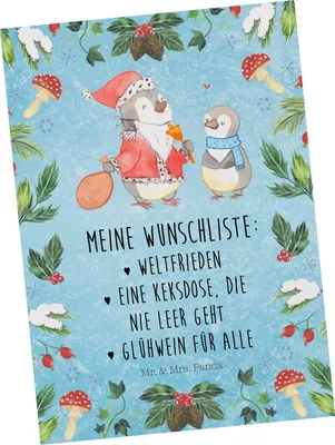 Produktbild von Mr. & Mrs. Panda Grußkarte Pinguin Wunschliste - Eisblau - Geschenk, Weihnachten, Postkarte, Postkarten, bildkarte, Ansichtskarte, Fotokarte