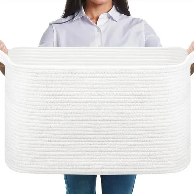 Image de Panier à linge pliable, 63 litres, en coton tressé, blanc, avec poignée, vendu à l'unité