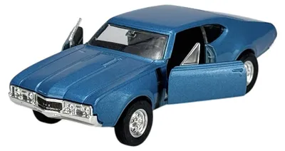 Image de Welly, modèle réduit Oldsmobile 442 de 1968, couleur bleue, échelle 1:34, en métal, présenté dans une boîte, référence 43711