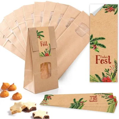 Produktbild von 10 Stück kleine braune Block-Bodenbeutel MIT FENSTER + Pergamin-Einlage 10,5 x 6,5 x 29 cm + 10 beige weiße WUNDERBARE WEIHNACHTEN Weihnachts-Aufkleber - Papiertüten lebensmittel-echt"Frohes Fest" Mistelzweige / 10 Stück