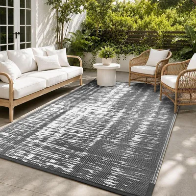 Immagine prodotto di Tappeto da esterno resistente alle intemperie, ideale per campeggio o balcone, colore grigio e bianco, dimensioni 245x305 cm