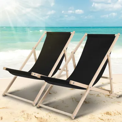 Produktbild von Liegestuhl 2X Strandliegestuhl Holz Klappbar Stuhl Holzliege klappliege Stoff schwarz