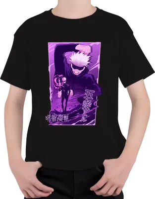 Zdjęcie produktu dla Koszulka dziecięca uni z motywem Gojo Satoru z anime „Jujutsu Kaisen” – białe włosy, styl anime, czarny kolor, rozmiar 128