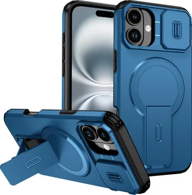 Immagine prodotto di Custodia magnetica per iPhone 16 Plus, custodia resistente a due strati con protezione della fotocamera scorrevole e supporto regolabile Blu