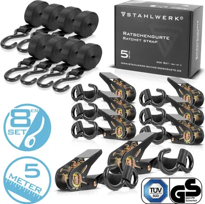 Produktbild von STAHLWERK Ratschengurt mit Haken 8er Set 5 m x 25 mm 800 kg Spanngurt Zurrgurt