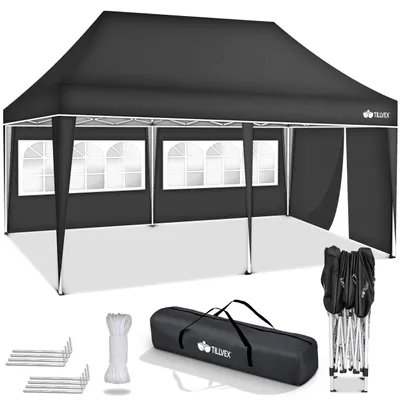 Produktbild von tillvex Pavillon 3x6m - mit 3 Seitenteilen Anthrazit wasserdicht | Pop-Up Faltpavillon höhenverstellbar | Gartenzelt UV Schutz 50+ | Partyzelt mit Tasche für Garten