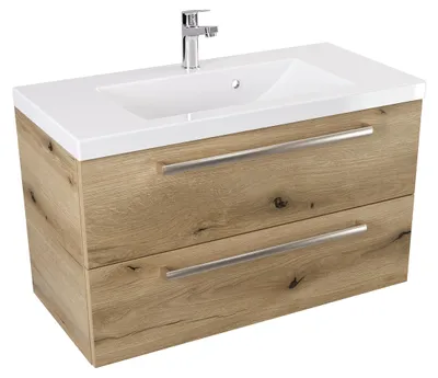 Produktbild von ATHD Wandhängender Unterschrank mit Spüle 80 cm - Evoke  Matt Eiche - Griffe aus gebürstetem Edelstahl