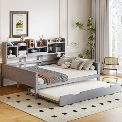 Produktbild von Odikalo Ausziehbett Daybett Schlafsofa Unterbett Massivholz Staufach Lattenrost 90*200 cm Grau