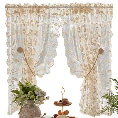 Produktbild von 2 Stück Vintage Blumen Vorhang Kurz Gardine Spitze Scheibengardine Bistrogardine für Küche Cafés, 140x175cm