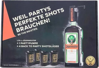 A Jägermeister gift set box containing a bottle of Jägermeister, a pump dispenser, and four shot glasses.