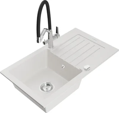 Produktbild von Mexen Pablo 1 Becken-Granitspüle mit Abtropffläche und Mischbatterie Duo, Weiß - 6510-20-671701-07