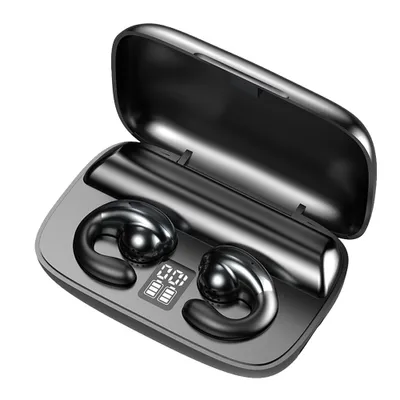 A pair of black wireless earbuds with a charging case, displaying battery indicators on the case.