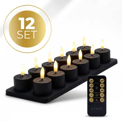 Produktbild von KENN® GlowPro™ Wiederaufladbare LED-Teelichter – 12er-Set – Schwarz – Bis zu 350 Stunden Leuchtdauer – Mit Fernbedienung – Magnetische Ladestation