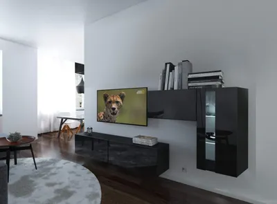 Immagine prodotto di Furnitech Parete attrezzata soggiorno - Mobili soggiorno con LED Bianco - Parete attrezzata Moderna - Scaffali e mobile TV (Cholet AN11-18B-HG1 1A)